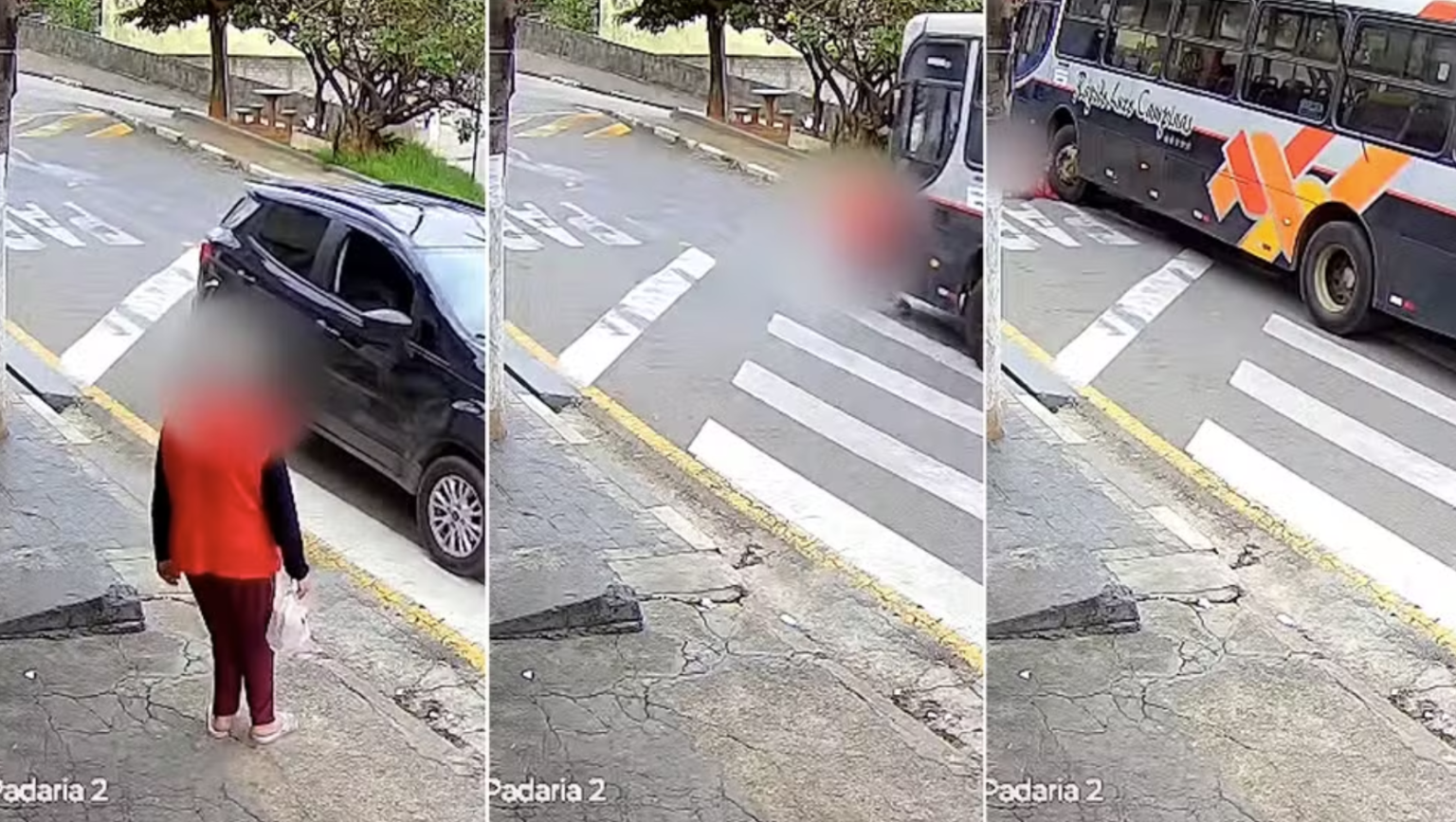 Montagem de cenas do atropelamento de uma idosa de 78 anos em Cajamar