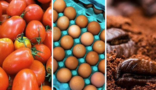 Imagem de ovos, café moído e tomate, alimentos considerados vilões da inflação alta do mês de março no Brasil